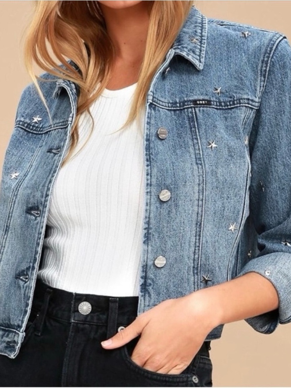 Obey Cropped Star Studded Blue Denim Jean Jacket Stardom Size Medium View 3